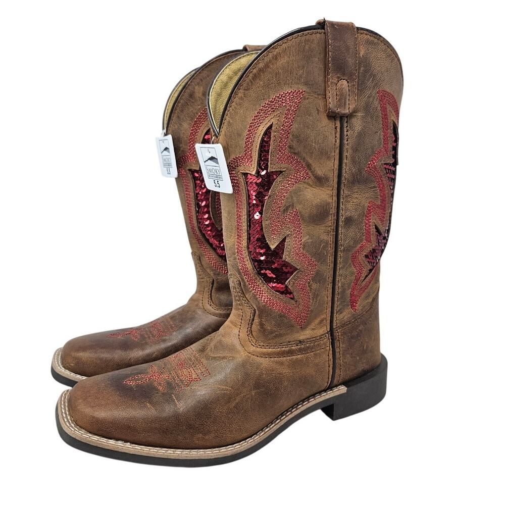NEW Smoky Mountain Boot 7.5 Brown Leather Red Sequin Cowgirl Western Boot